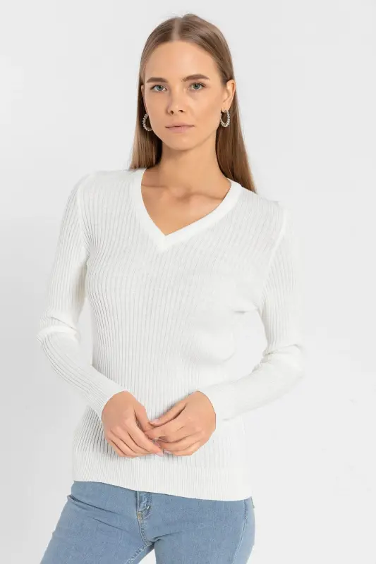 Ayollar V yoqali Slim Fit fitilli uzun qishki oq triko ko'ylagi-Oq - 3
