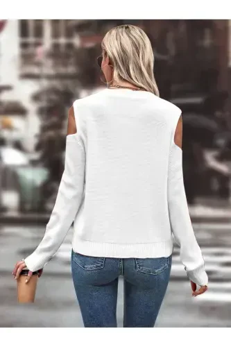 Ayollar velosiped yoqali to'rli detallari soch o'rimi yurish naqshli yelkali detallari oq trikotaj kozok - OQ - AQE FASHION (1)