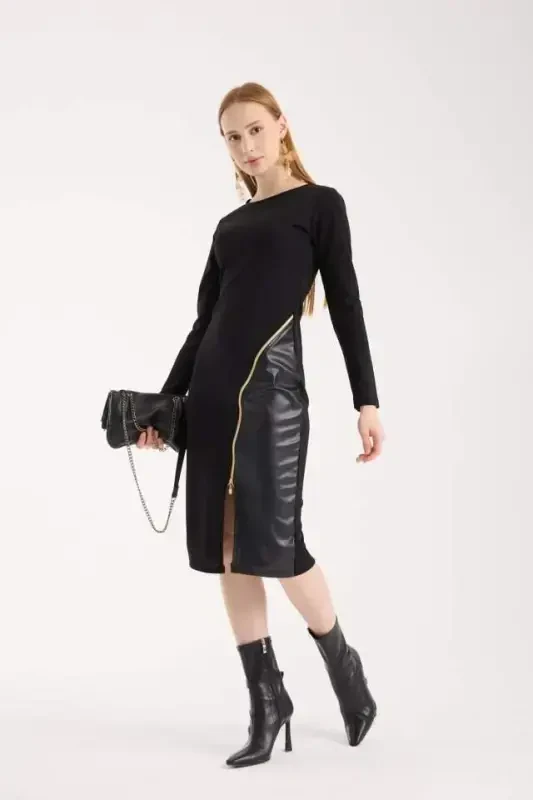 Ayollar Velosiped Yoqasi Uzun Qisma Teri Va Fermuar Tafsilot Mini Yirtqichli Ko'ylak - 6