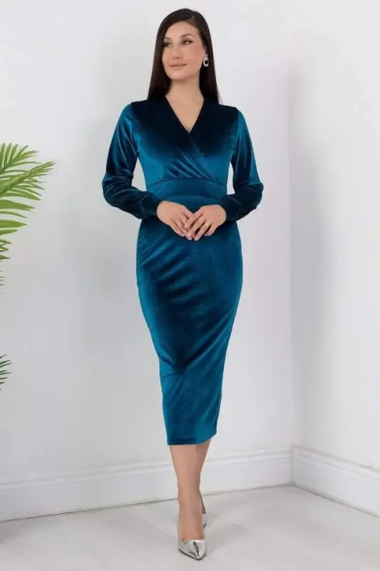 Ayollar Velvet Mato Mansjetli V Bo'yinli Zamonaviy Qalam Ko'ylak - 7