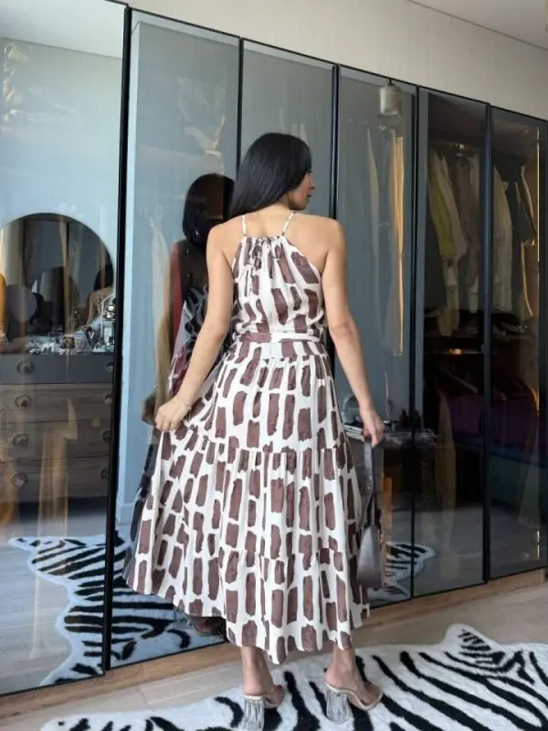 Ayollar Viskoza Mato Ip Zichli Halter Bo'yin Cho'ntakli Midi Bo'yli Ko'ylak - 3