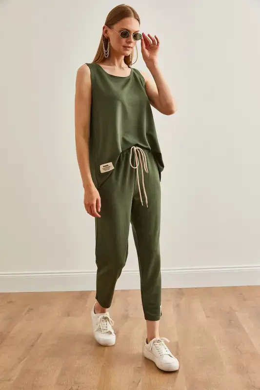 Ayollar Xaki Yengsiz Keng Bluzkali Pastki Yuqori Kristalli Taqish - 4