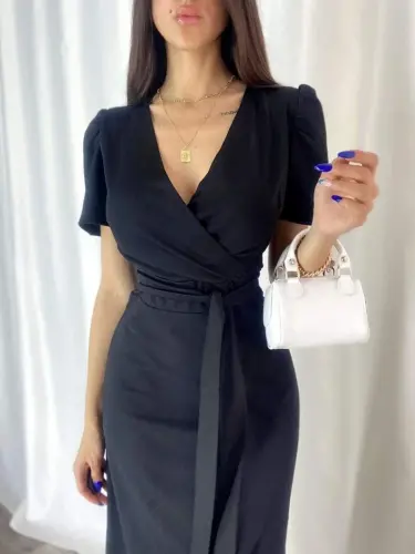 Ayollar Xoch yoqali midi bo'yli belbog'li krep ko'ylak 120 sm - 8