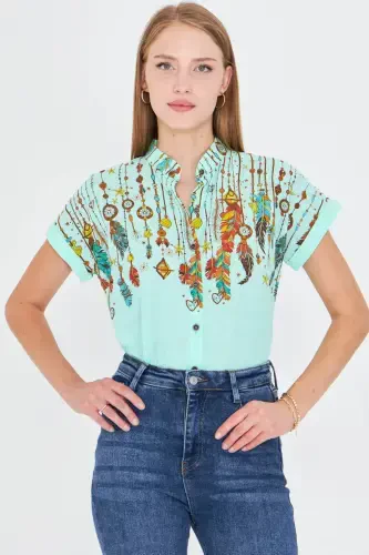 Ayollar yalpiz rangli hakam yoqali qisqa yengli ko'ylak ARM-25Y001040-Yalpiz - 3