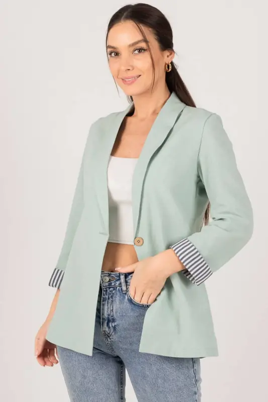 Ayollar yalpiz rangli ichki qismi chiziqli bitta tugmali pidjak ARM-22K001122-Yalpiz - 2