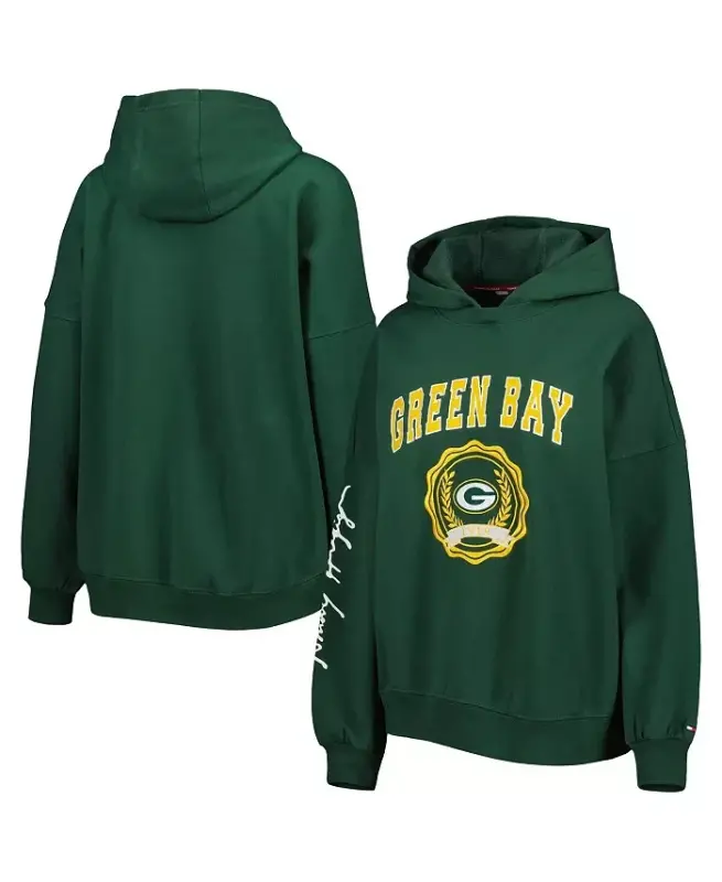 Ayollar yashil Green Bay Packers Becca tushirilgan yelkali Pullover Hoodie - TOMMY HILFIGER
