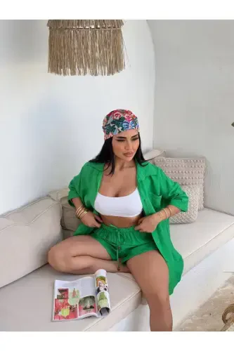 Ayollar yashil katta o'lchamli ko'ylak shortilar to'plami - TO'Q YASHIL - 4