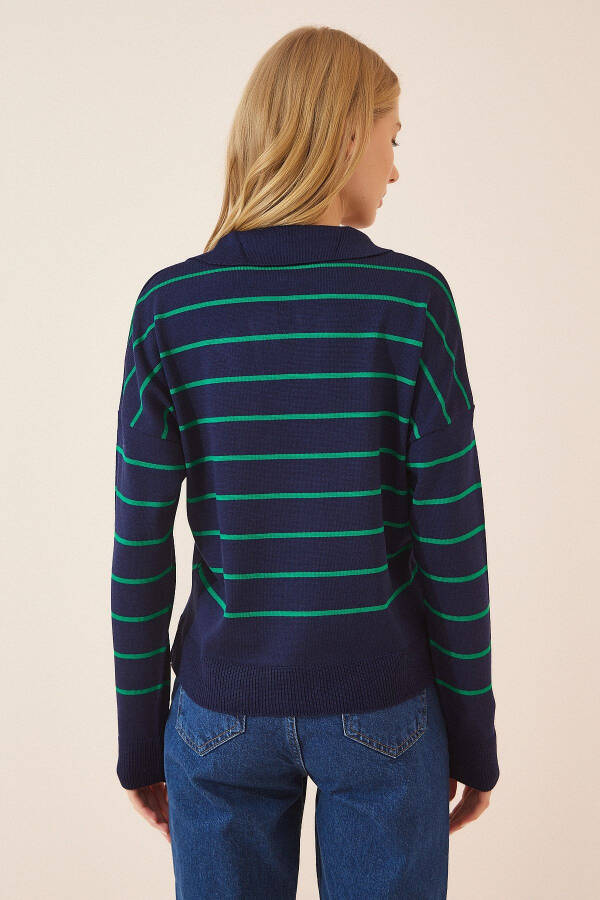 Ayollar yashil ko'k chiziqli polo bo'yinli mavsumiy trikotaj kozok BV00012 - 3