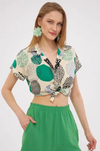Ayollar yashil naqshli qisqa yengli ko'ylak ARM-22Y001052-Yashil 