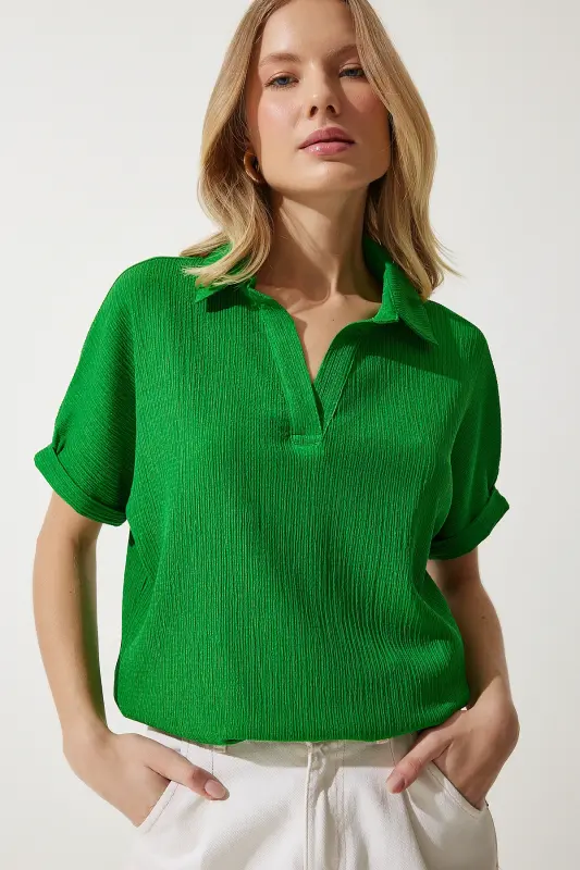 Ayollar yashil polo yoqali trikotaj burmali bluz DD01299-Yashil - 3