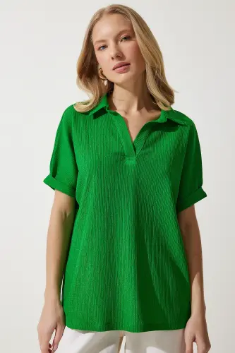 Ayollar yashil polo yoqali trikotaj burmali bluz DD01299-Yashil - 4