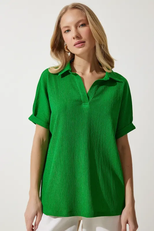 Ayollar yashil polo yoqali trikotaj burmali bluz DD01299-Yashil - 4