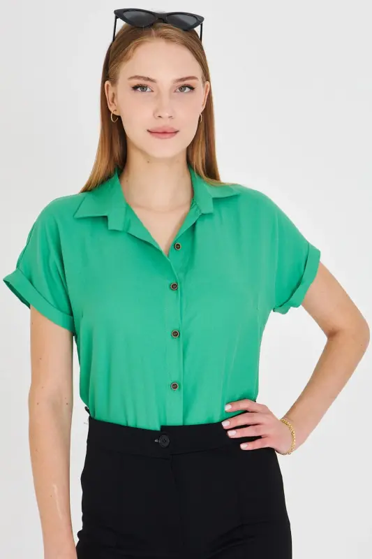 Ayollar yashil qisqa yengli ko'ylak ARM-19Y001065-Yashil - 3