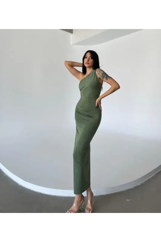 Ayollar Yelkadan Büzmeli Midi Ko'ylak - XAKI - 2