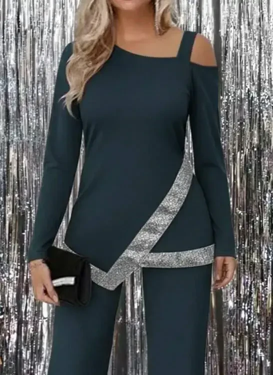 Ayollar yelkadan ochiq uzun yengli oldi pulli payetli import krep bluz va shim - 2