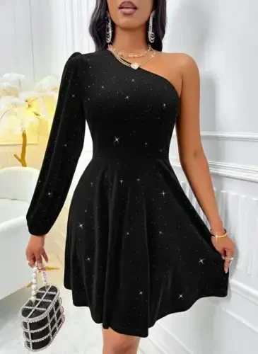 Ayollar yelkadan ochiq uzun yengli toshli mini ko'ylak - 4