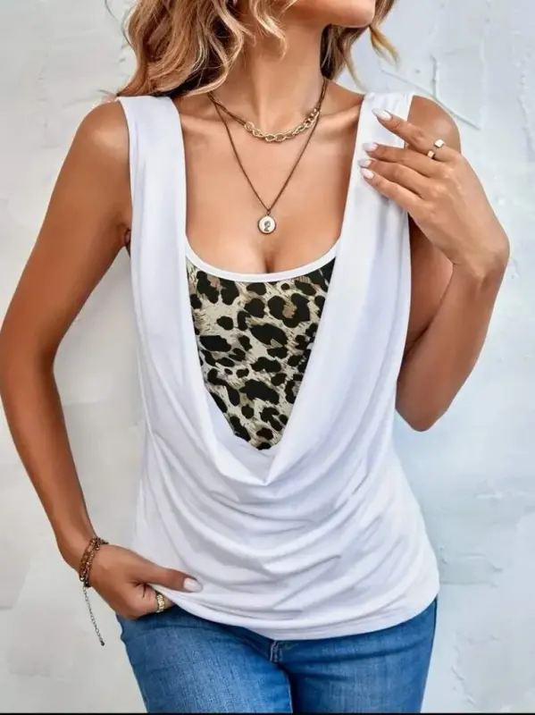 Ayollar yengsiz dekolte leopard detalli bluzkasi - BÜYÜKBEDENIZ