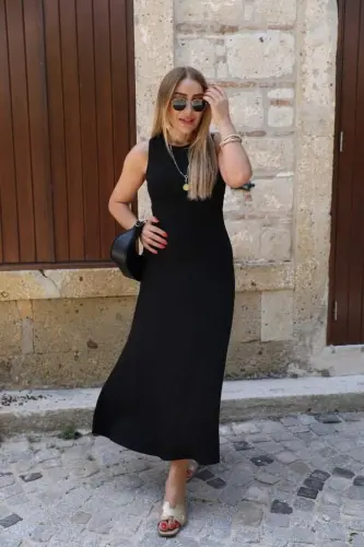 Ayollar yengsiz orqa tarafdan chirmashgan ip detallari uzun viskoza ko'ylak - 3