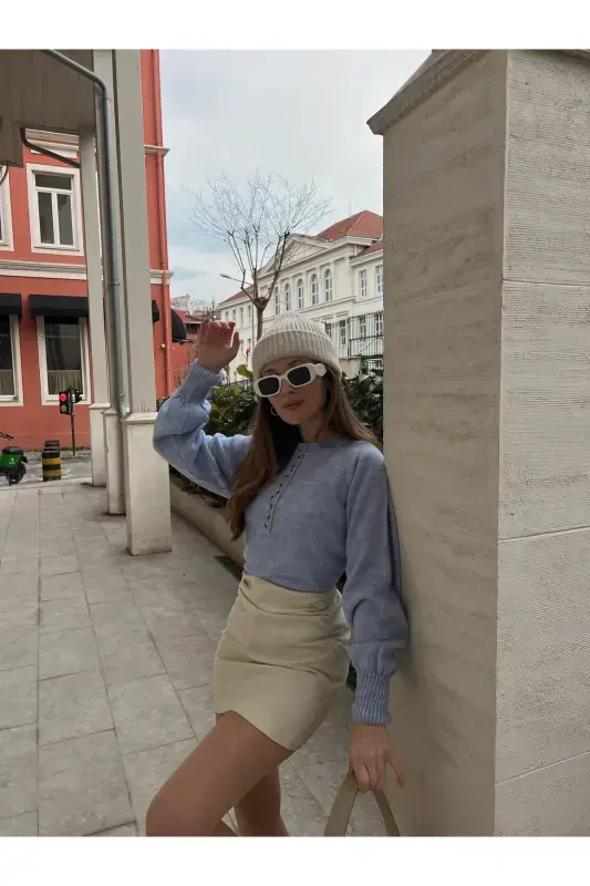 Ayollar yoqali bog'langan baliqchi yoqali trikotaj kozok - Moviy osmon - BIANCO LUCCI