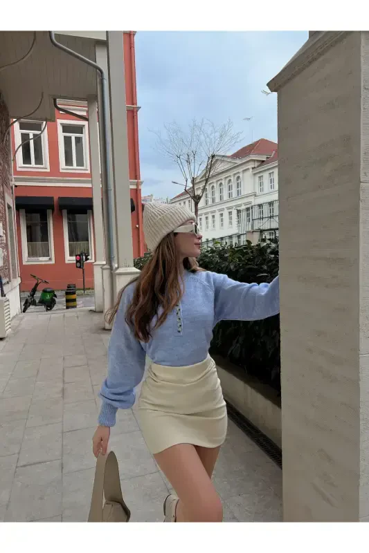 Ayollar yoqali bog'langan baliqchi yoqali trikotaj kozok - Moviy osmon - 3