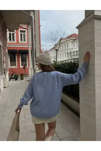 Ayollar yoqali bog'langan baliqchi yoqali trikotaj kozok - Moviy osmon - 4