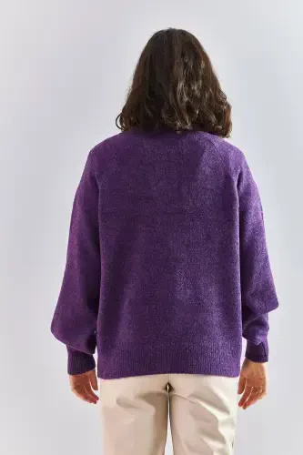 Ayollar yoqaliqli, baliqchi yoqaliqli, chiziqli triko kozok - Binafsha - 4