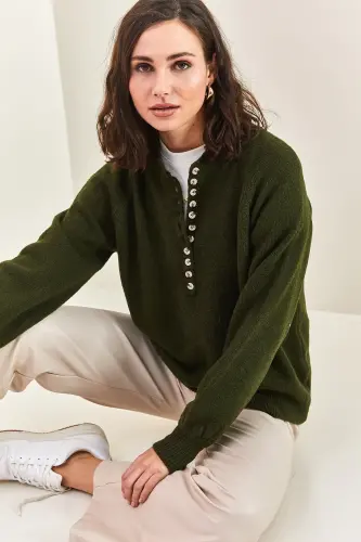 Ayollar yoqasi tugmachali baliqchi yoqali chiziqli triko kozok - O'rmon yashili - 5