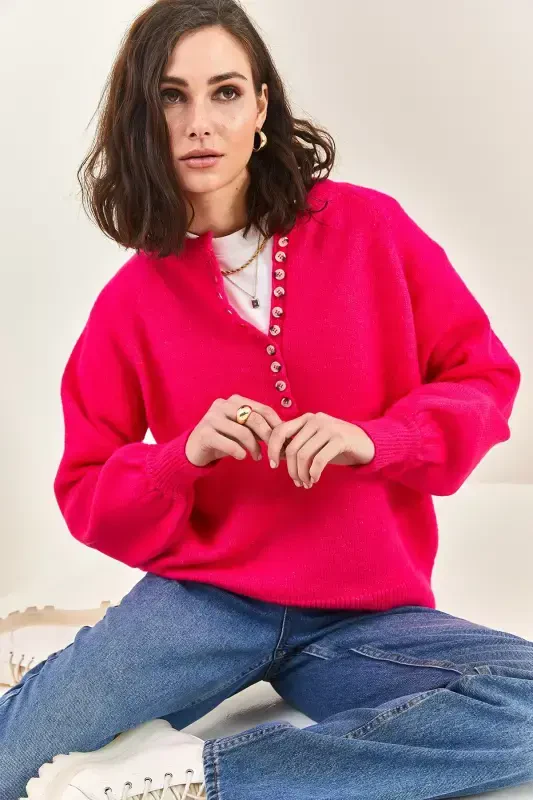 Ayollar yoqasi tugmachali baliqchi yoqali trikotaj kozasi - pushti - 4