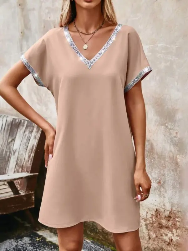 Ayollar yoqasi va yengi pulli payetli lentali import krep ko'ylak - 2