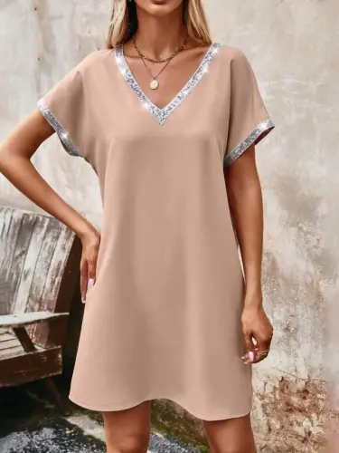 Ayollar yoqasi va yengi pulli payetli lentali import krep ko'ylak - BÜYÜKBEDENIZ (1)