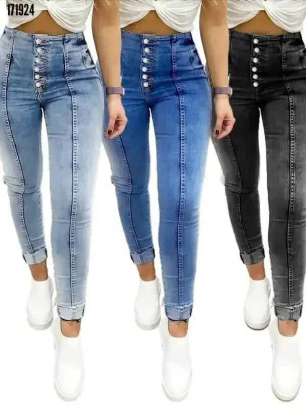 Ayollar Yüksek Bel oldindan Tugmali Jins Shim - 4