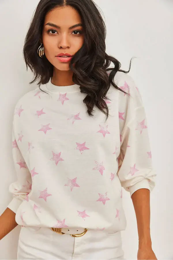 Ayollar Yulduz Pushti Basic Yumshoq To'qimalangan Keng Sweatshirt SWT-19000457 - 1