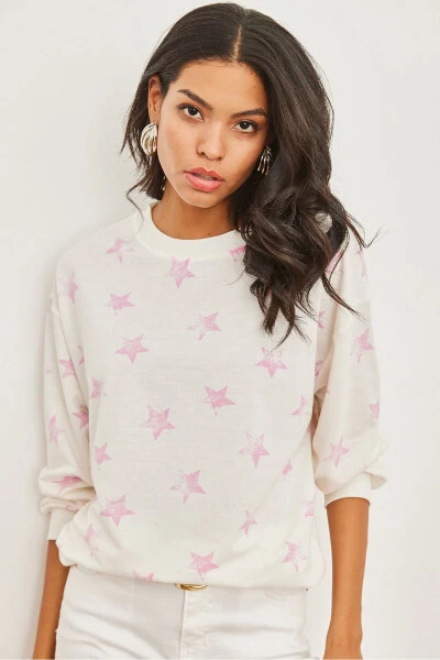 Ayollar Yulduz Pushti Basic Yumshoq To'qimalangan Keng Sweatshirt SWT-19000457 - OLALOOK (1)