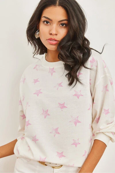 Ayollar Yulduz Pushti Basic Yumshoq To'qimalangan Keng Sweatshirt SWT-19000457 - 3