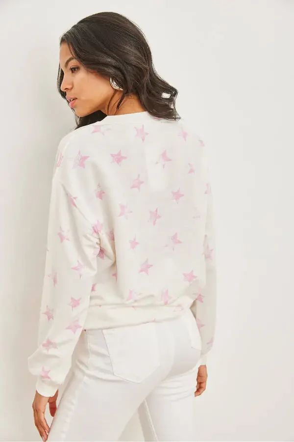 Ayollar Yulduz Pushti Basic Yumshoq To'qimalangan Keng Sweatshirt SWT-19000457 - 5