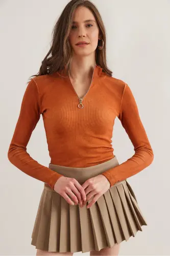 Ayollar Yuvadigan Taba Fermuarli Baliqchi Yoqali Likrali Bluz BLZ-19001155-Yuvadigan Taba 