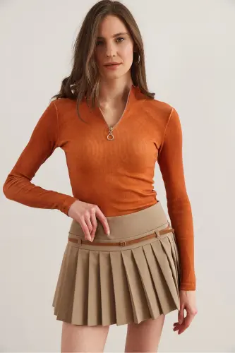 Ayollar Yuvadigan Taba Fermuarli Baliqchi Yoqali Likrali Bluz BLZ-19001155-Yuvadigan Taba - 4