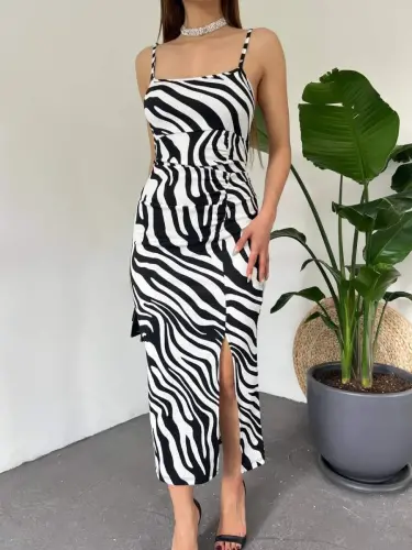 Ayollar Zebra naqshli yelkali yelkali orqa bo'yinli yirtqich detallari ko'ylak - 1