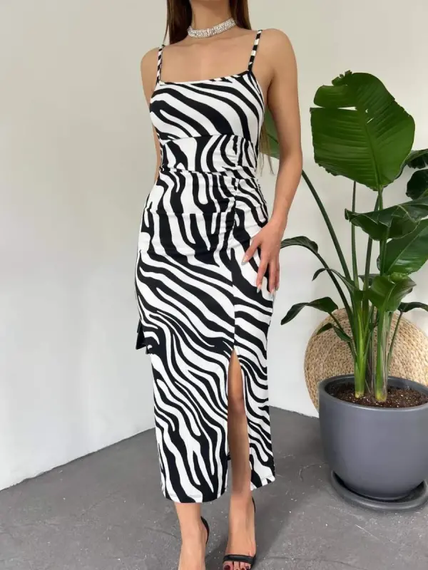 Ayollar Zebra naqshli yelkali yelkali orqa bo'yinli yirtqich detallari ko'ylak - BÜYÜKBEDENIZ