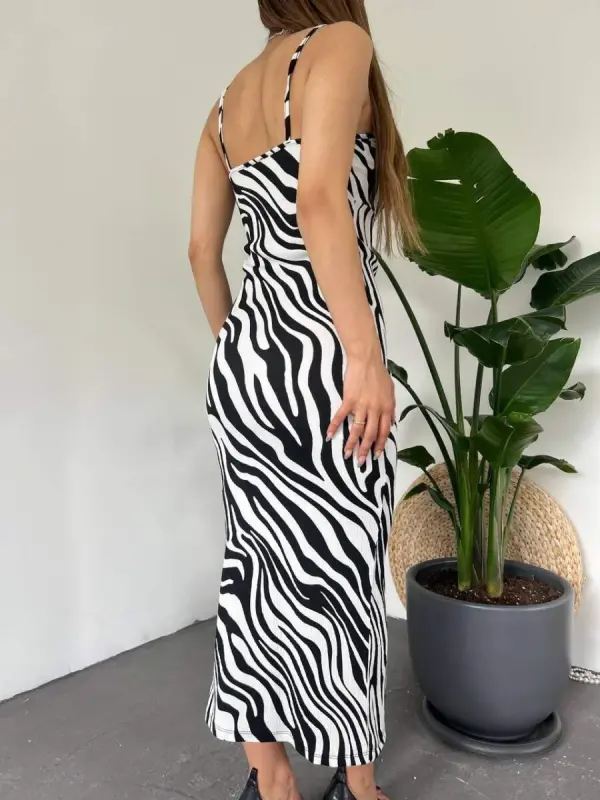 Ayollar Zebra naqshli yelkali yelkali orqa bo'yinli yirtqich detallari ko'ylak - 4