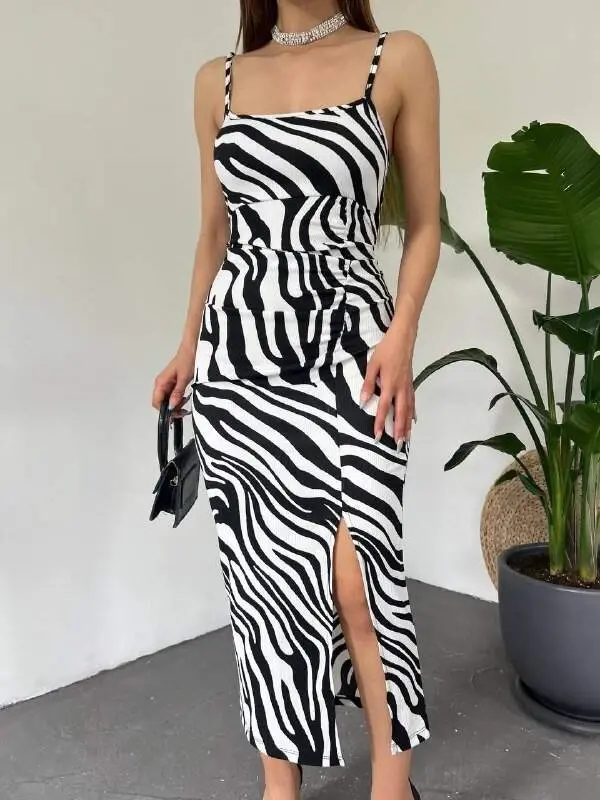 Ayollar Zebra naqshli yelkali yelkali orqa bo'yinli yirtqich detallari ko'ylak - 5