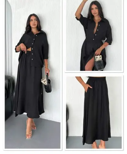 Ayollar Zig'ir Mato Ko'ylak Va Yubka Ikki Qismli Kostyum - 5