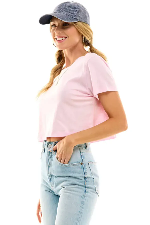 Ayollarning Boxy Crop Top Dumaloq Bo'yinli Qisqa Yengli Kundalik 100% Paxta Ekinli Tee T-Shirt, Baby Pink, X-Large - 3