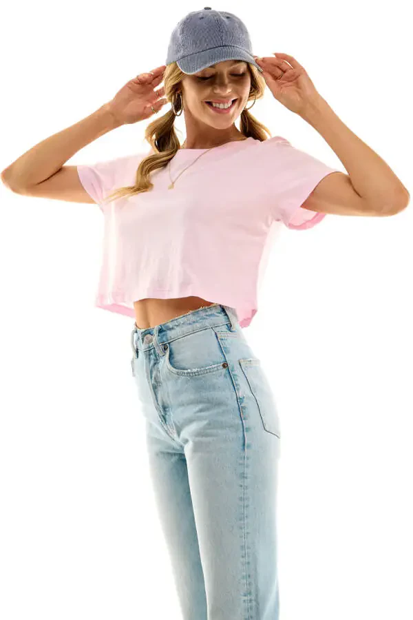 Ayollarning Boxy Crop Top Dumaloq Bo'yinli Qisqa Yengli Kundalik 100% Paxta Ekinli Tee T-Shirt, Baby Pink, X-Large - 8