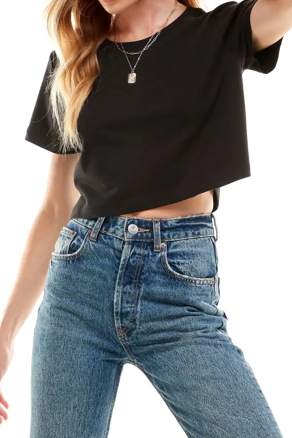 Ayollarning Boxy Crop Top yumaloq bo'yin qisqa yengli tasodifiy 100% paxta kesilgan futbolka, sariq kanareyka, o'rta - 2