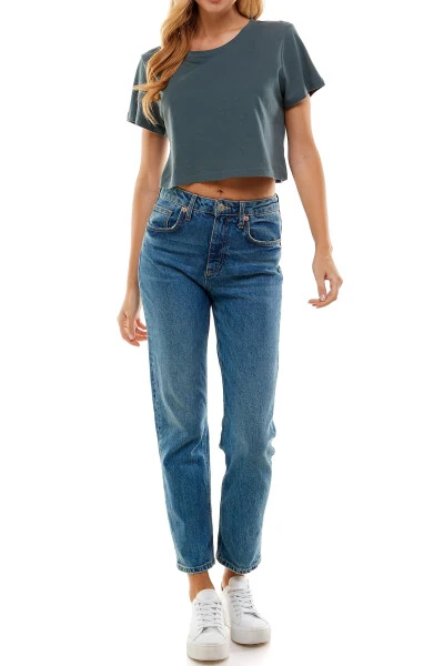 Ayollarning Boxy Crop Top yumaloq bo'yinli qisqa yengli kundalik 100% paxta kesilgan futbolkasi, to'q kulrang, o'rta - 9