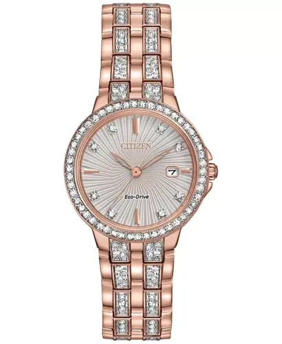 Women's Eco-Drive Crystal Accent Rose Gold-Tone Stainless Steel Bracelet Watch 28mm EW2348-56A - 1