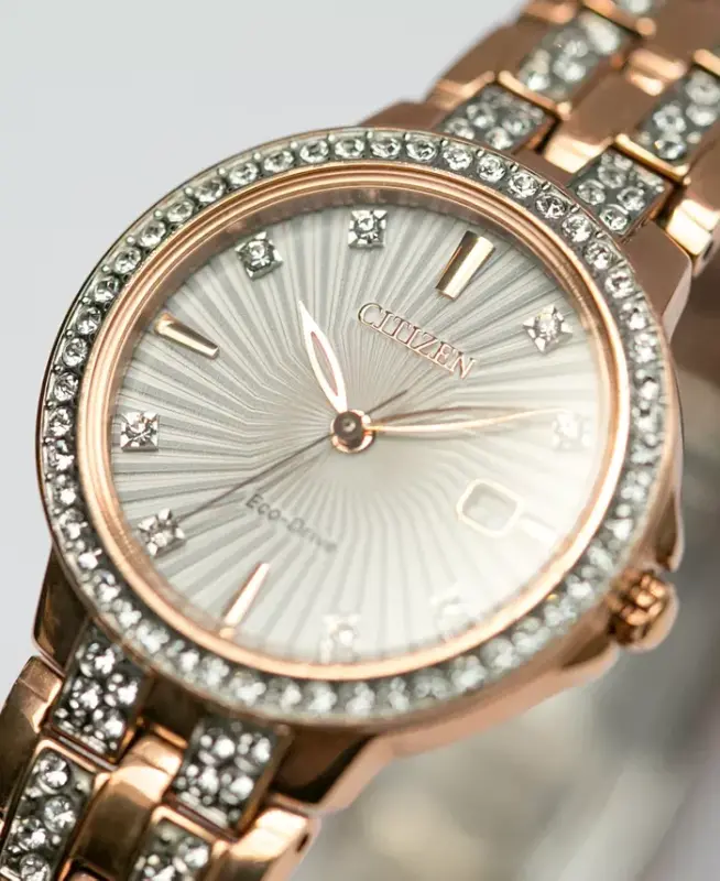 Women's Eco-Drive Crystal Accent Rose Gold-Tone Stainless Steel Bracelet Watch 28mm EW2348-56A - 2