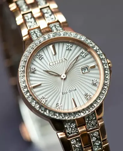 Women's Eco-Drive Crystal Accent Rose Gold-Tone Stainless Steel Bracelet Watch 28mm EW2348-56A - 5