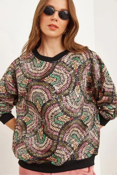 Ayollarning Geometrik Qora Basic Yumshoq To'qimali Keng Sweatshirt SWT-19000457 - 1